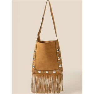 Fame Faux Suede Grommet Accent Fringe Tote Bag
